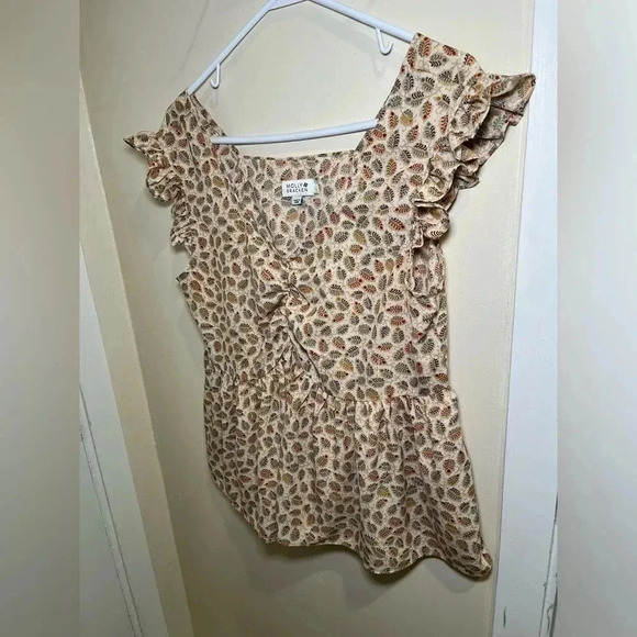 Mod Cloth Molly Bracken Size Large Cream Gold Foil Ruffle Fall V-Neck Blouse - Picture 7 of 12